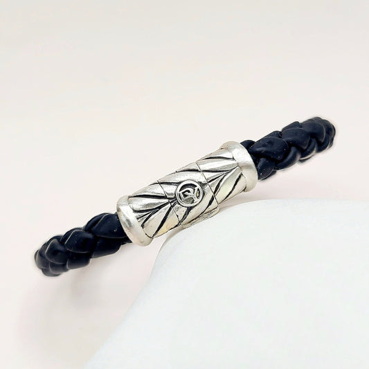 David Yurman Chevron Woven Bracelet Black Rubber Sterling Silver 8mm Medium