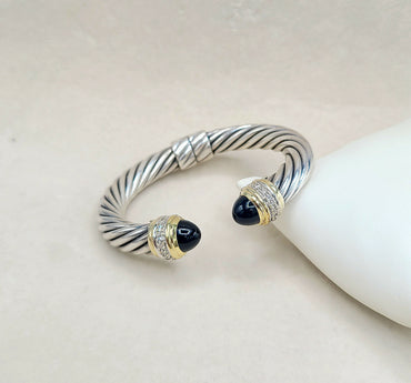 David Yurman Classic Cable Bracelet In Sterling Silver and Gold With Black Onyx And Diamonds