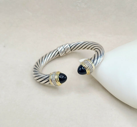 David Yurman Classic Cable Bracelet In Sterling Silver and Gold With Black Onyx And Diamonds