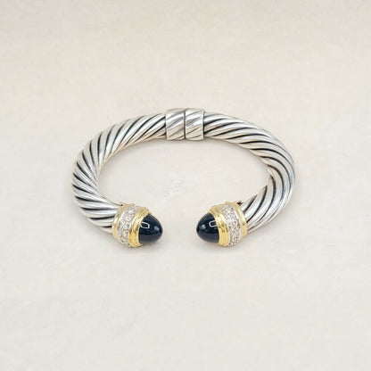 David Yurman Classic Cable Bracelet In Sterling Silver and Gold With Black Onyx And Diamonds