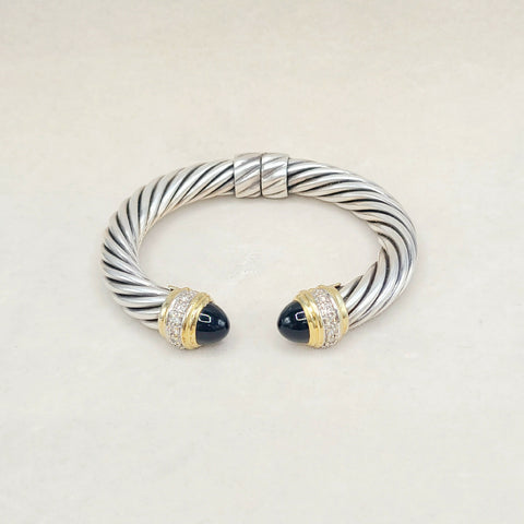 David Yurman Classic Cable Bracelet In Sterling Silver and Gold With Black Onyx And Diamonds