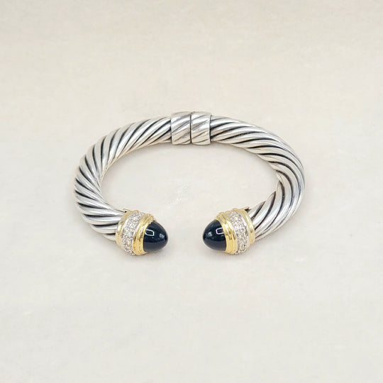 David Yurman Classic Cable Bracelet In Sterling Silver and Gold With Black Onyx And Diamonds