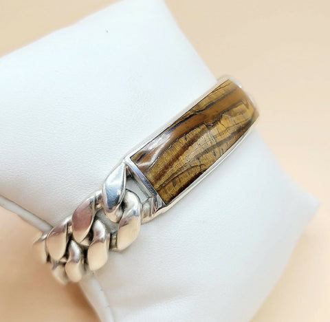 David Yurman Curb Chain ID Bracelet In Sterling Silver With Tiger’s Eye