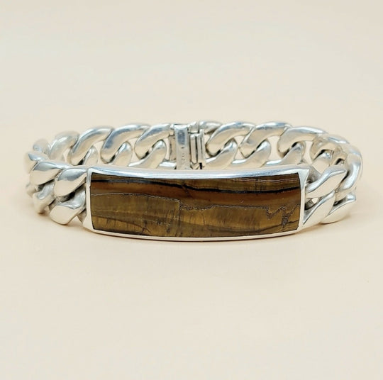 David Yurman Curb Chain ID Bracelet In Sterling Silver With Tiger’s Eye
