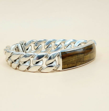 David Yurman Curb Chain ID Bracelet In Sterling Silver With Tiger’s Eye