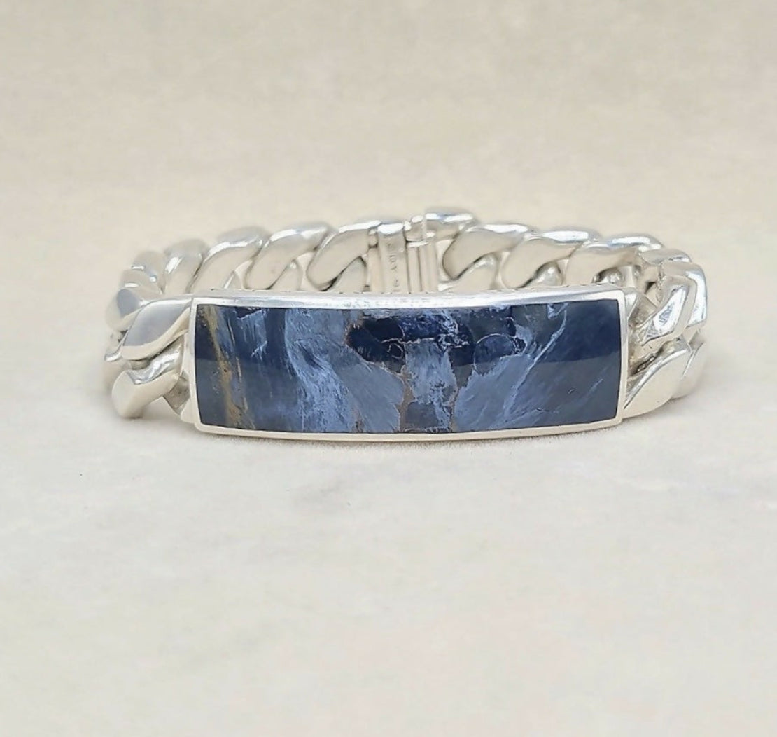 David Yurman Curb Chain ID Bracelet Pietersite Sterling Silver 15mm Medium