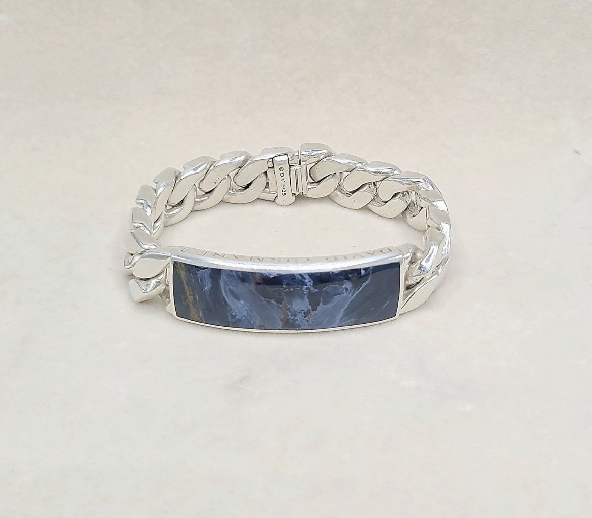 David Yurman Curb Chain ID Bracelet Pietersite Sterling Silver 15mm 