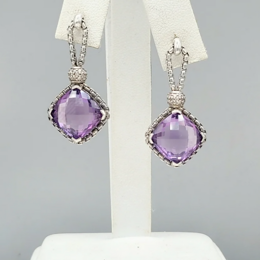 David Yurman Cushion On Point Amethyst Diamond Drop Earrings Sterling Silver 0.18 TCW 36mm