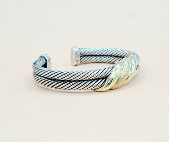  David Yurman Double Cable Crossover Wave Sterling Silver Gold Bracelet