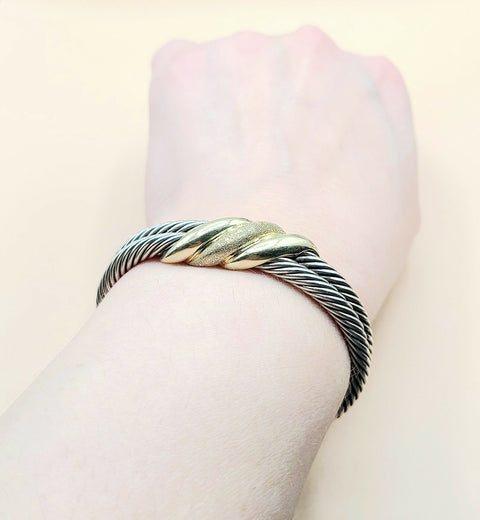  David Yurman Double Cable Crossover Wave Sterling Silver Gold Bracelet