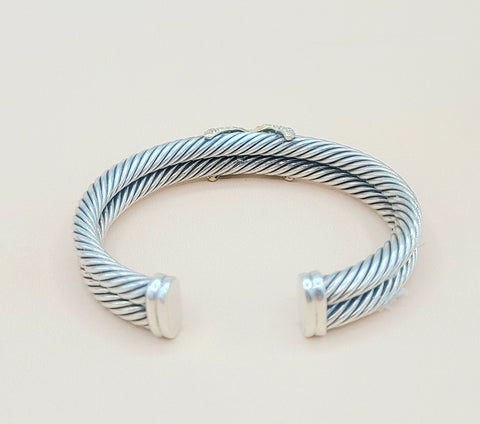  David Yurman Double Cable Diamond X Silver Gold Bracelet