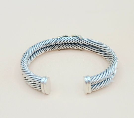  David Yurman Double Cable Diamond X Silver Gold Bracelet