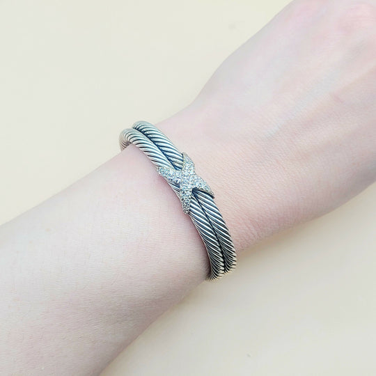  David Yurman Double Cable Diamond X Silver Gold Bracelet