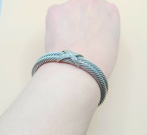  David Yurman Double Cable Diamond X Silver Gold Bracelet