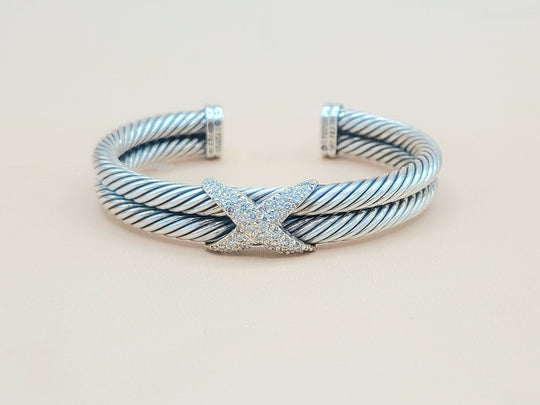  David Yurman Double Cable Diamond X Silver Gold Bracelet