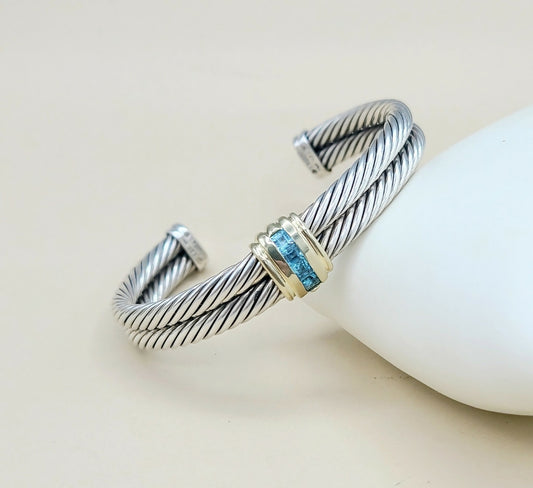 David Yurman Double Cable Renaissance Station Bracelet With Blue Topaz And Gold