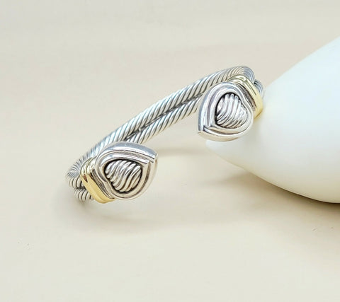 David Yurman Double Cable Sculpted Heart Silver Gold Bracelet