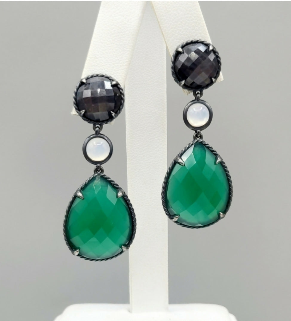 David Yurman Grisaille Triple Drop Earrings With Green Onyx