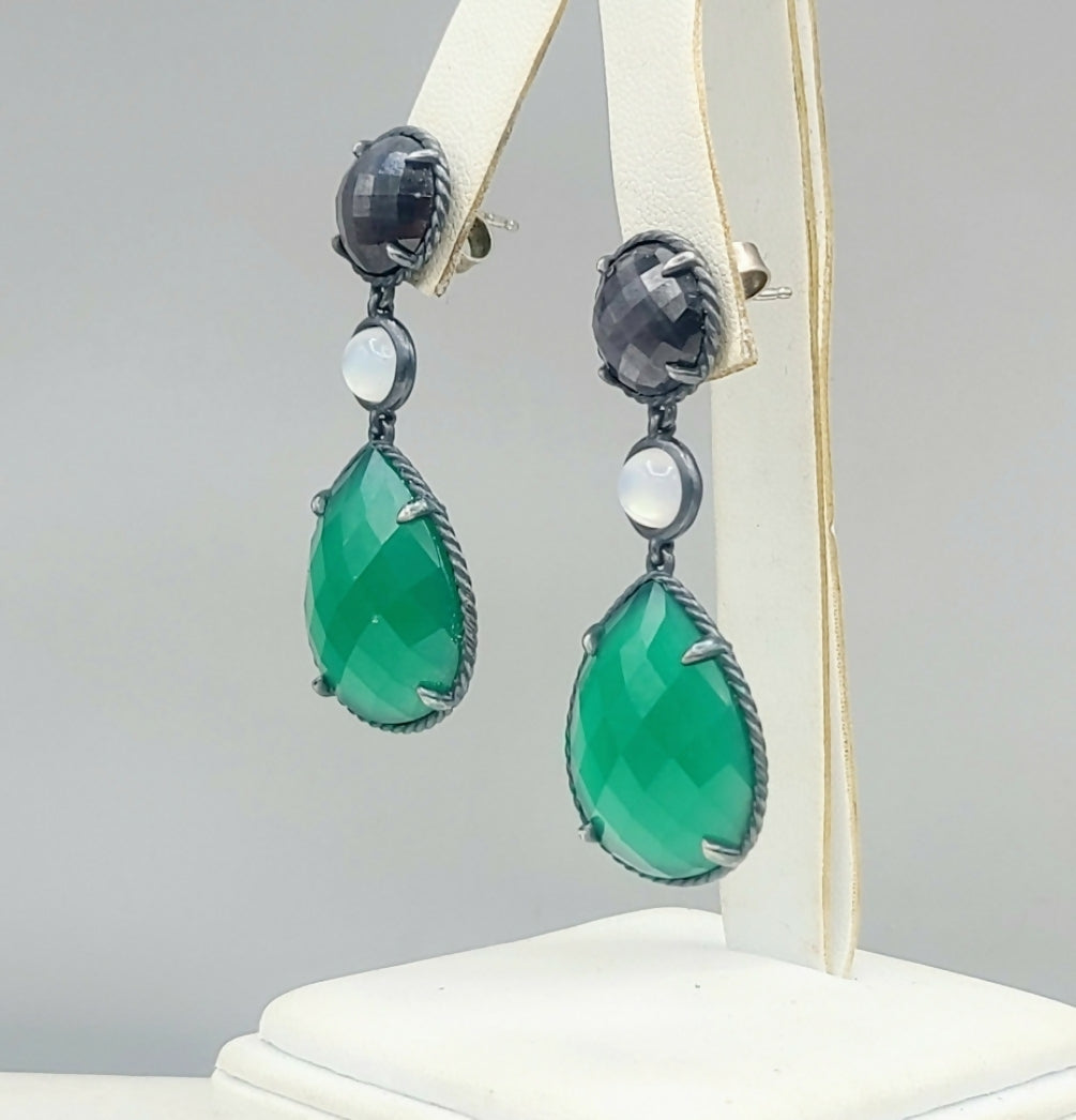 David Yurman Grisaille Triple Drop Earrings With Green Onyx