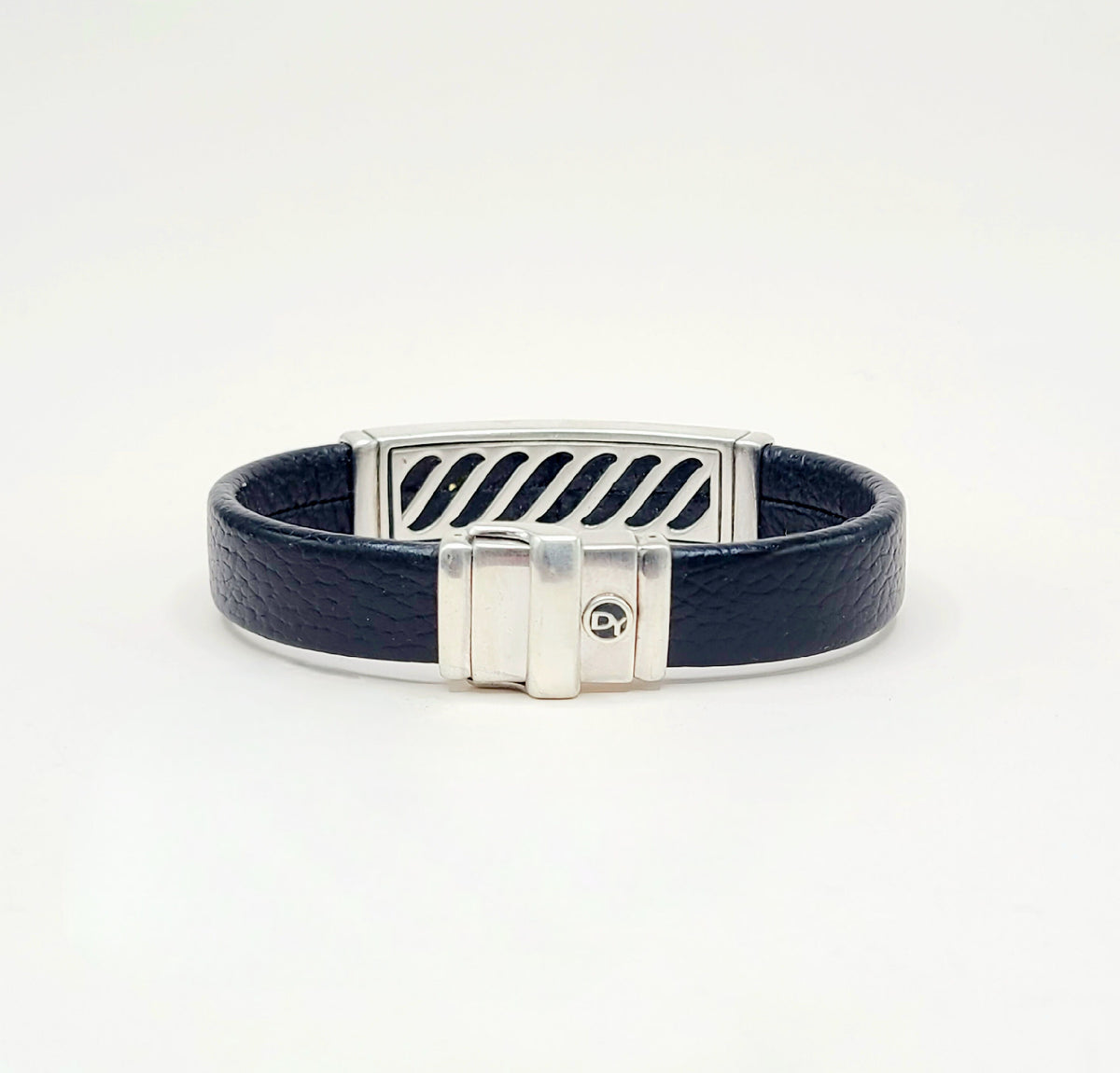 David Yurman ID Bracelet Black Leather Sterling Silver 12.5mm Medium
