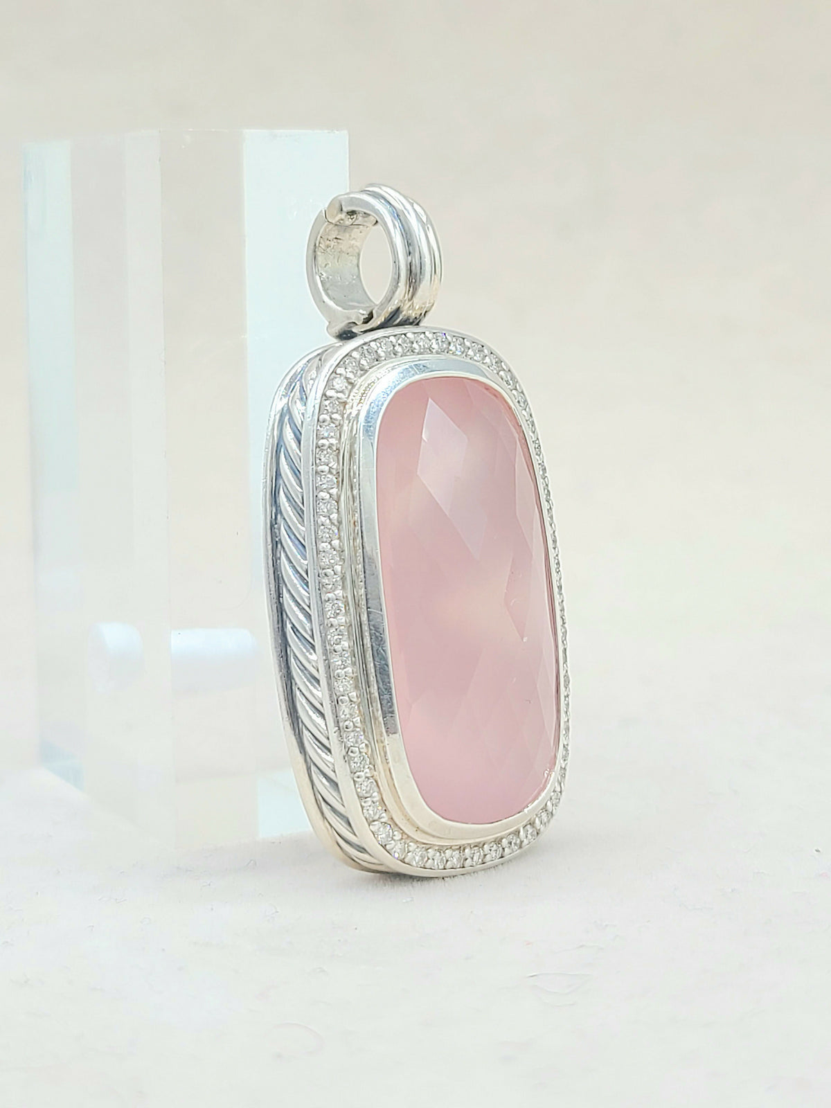  David-Yurman-Jumbo Albion-Elongated Oblong-Rose Quartz-Diamond-Pendant-Enhancer
