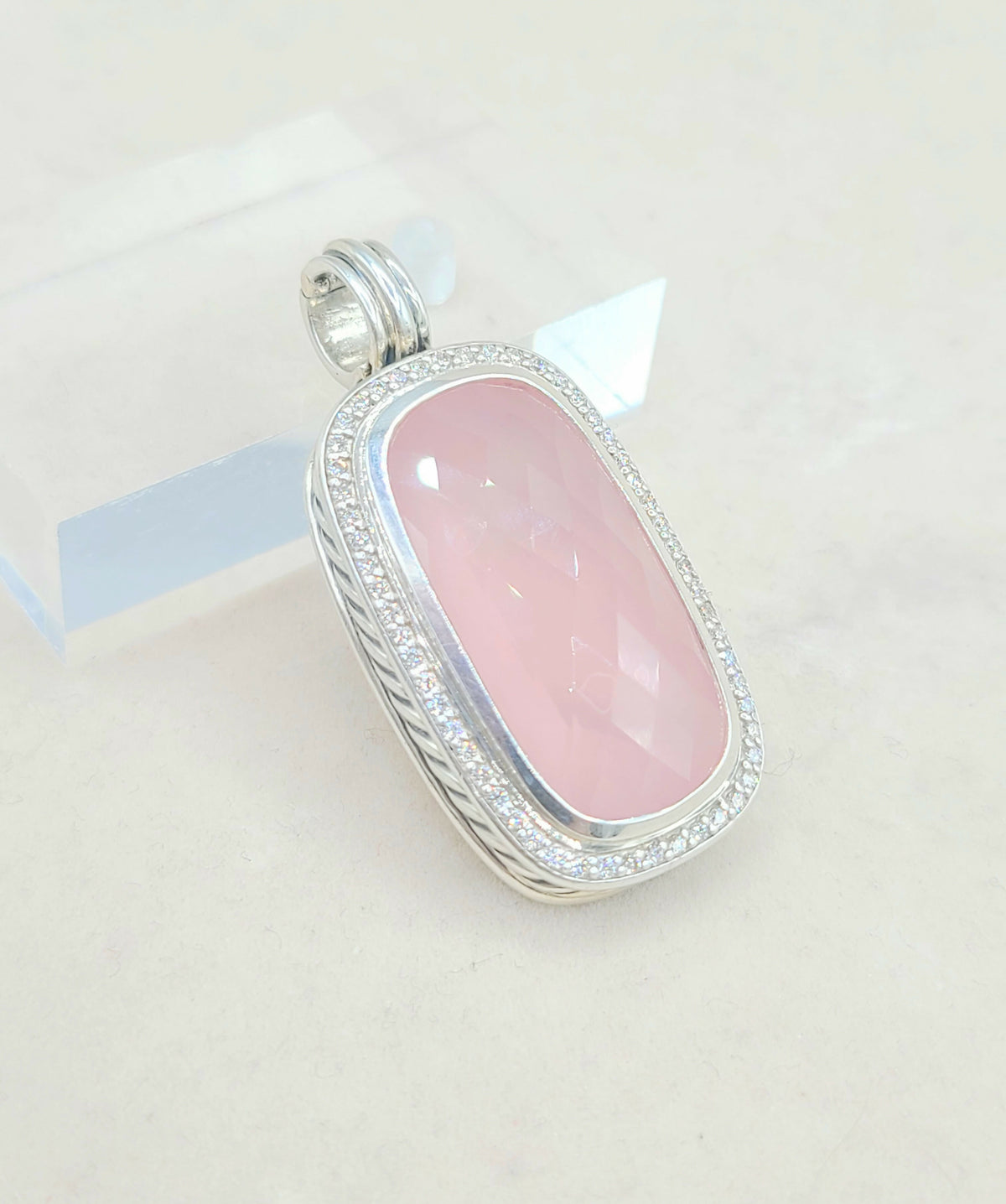  David-Yurman-Jumbo Albion-Elongated Oblong-Rose Quartz-Diamond-Pendant-Enhancer
