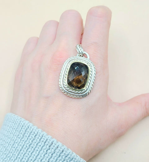  David Yurman  Albion Jumbo Smoky Quartz Silver & Gold Pendant-Enhancer