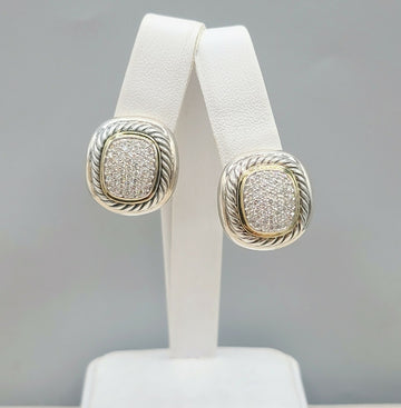  David Yurman Large Albion Silver Gold Diamond Earrings