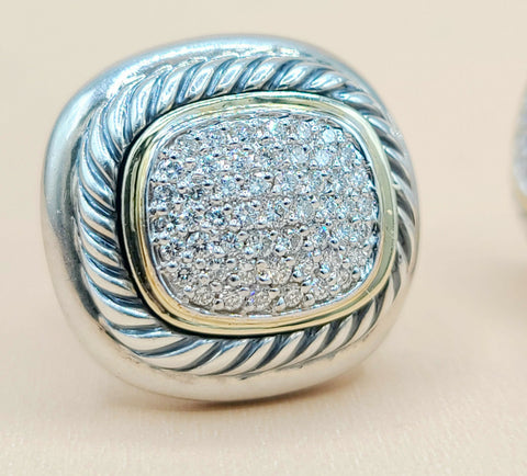  David Yurman Large Albion Silver Gold Diamond Earrings
