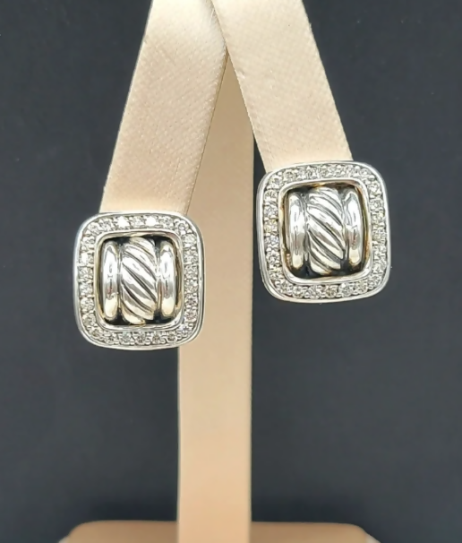 David Yurman Large Buckle Diamond Earrings Sterling Silver 1.04 TCW 18.5mm