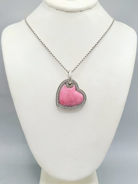 David Yurman Large Heart Pendant Necklace With Rhodonite and Diamonds