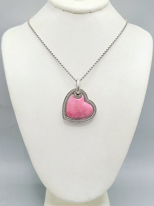 David Yurman Large Heart Pendant Necklace With Rhodonite and Diamonds