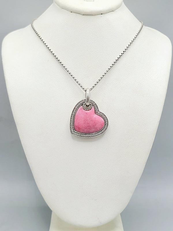 David Yurman Large Heart Pendant Necklace With Rhodonite and Diamonds