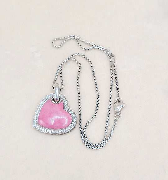 David Yurman Large Heart Pendant Necklace With Rhodonite and Diamonds