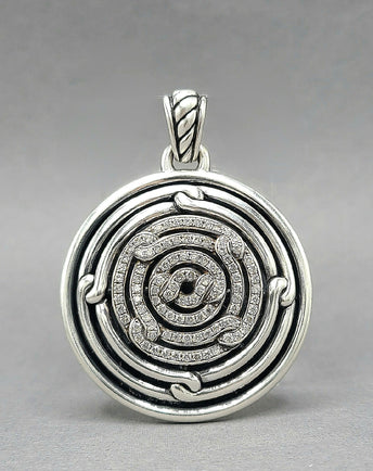 David Yurman Large Labyrinth Diamond Disc Pendant Enhancer Sterling Silver 0.98 TCW 52mm