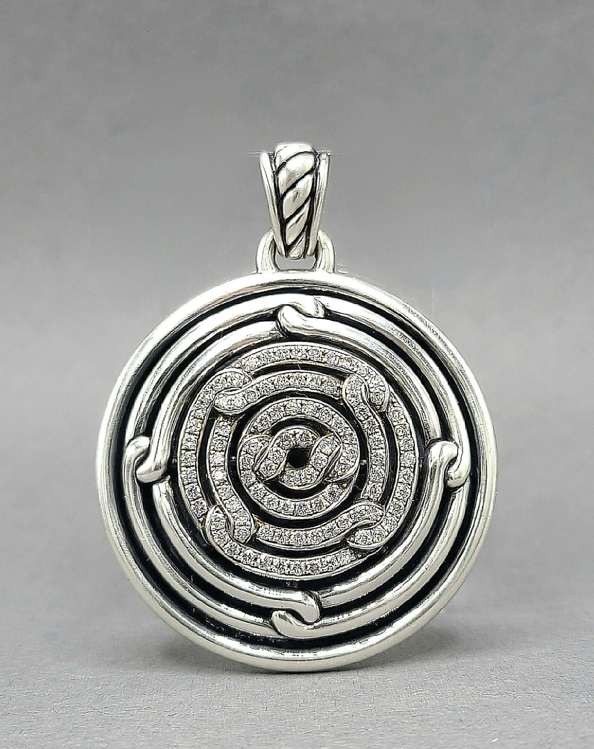 David Yurman Large Labyrinth Diamond Disc Pendant Enhancer Sterling Silver 0.98 TCW 52mm