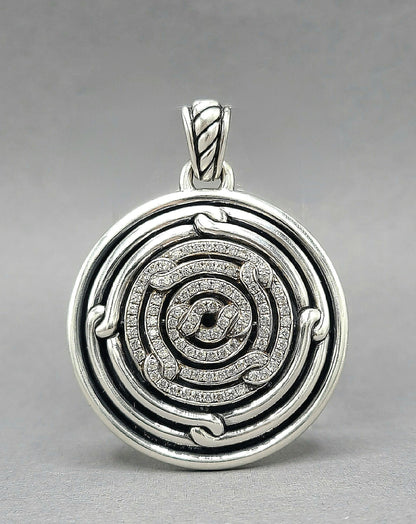 David Yurman Large Labyrinth Diamond Disc Pendant Enhancer Sterling Silver 0.98 TCW 52mm