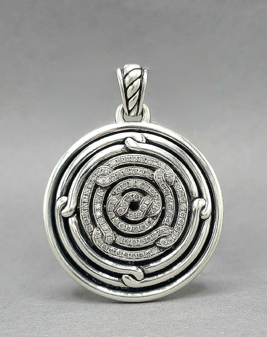 David Yurman Large Labyrinth Diamond Disc Pendant Enhancer Sterling Silver 0.98 TCW 52mm