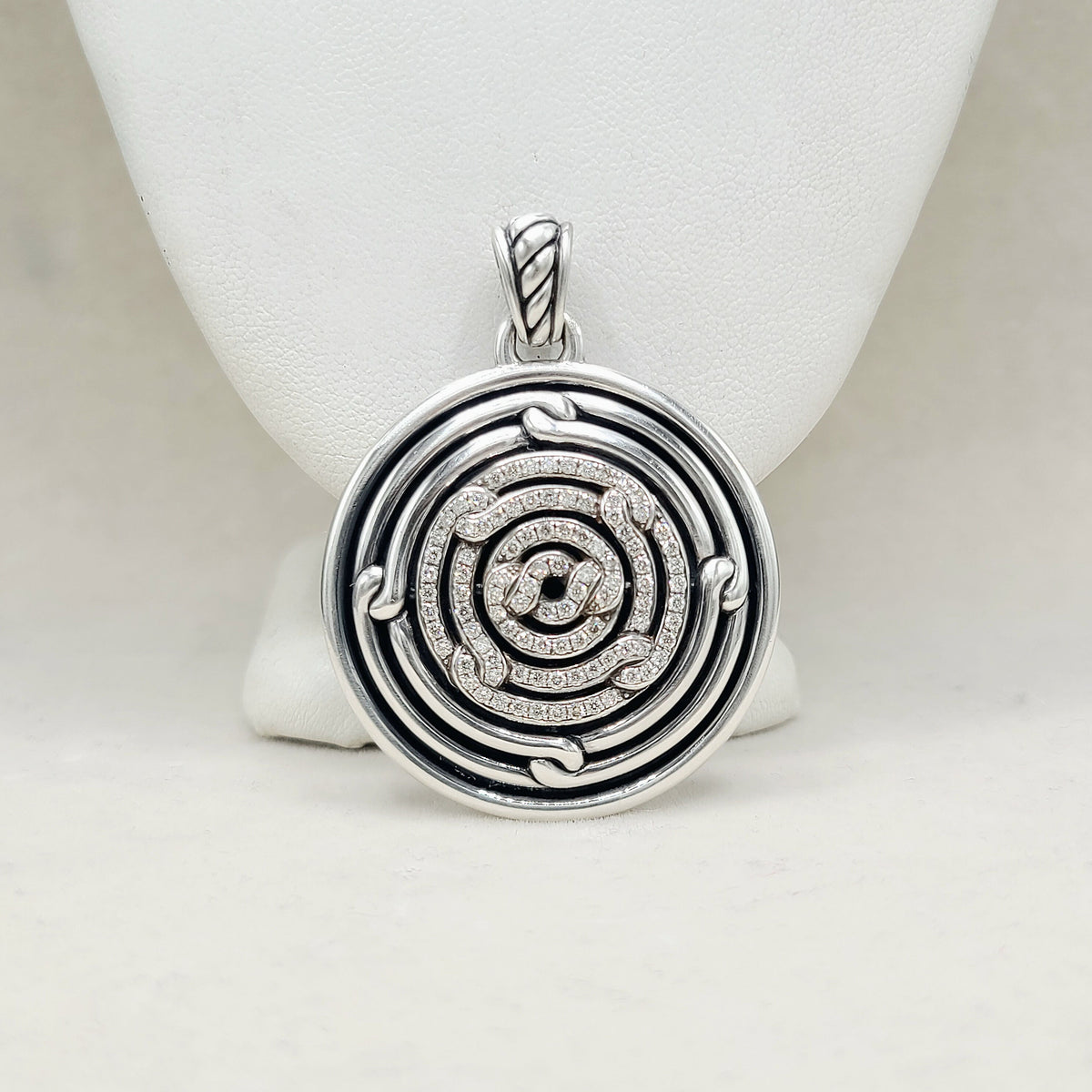 David Yurman Large Labyrinth Diamond Disc Pendant Enhancer Sterling Silver 0.98 TCW 52mm