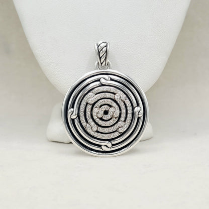 David Yurman Large Labyrinth Diamond Disc Pendant Enhancer Sterling Silver 0.98 TCW 52mm