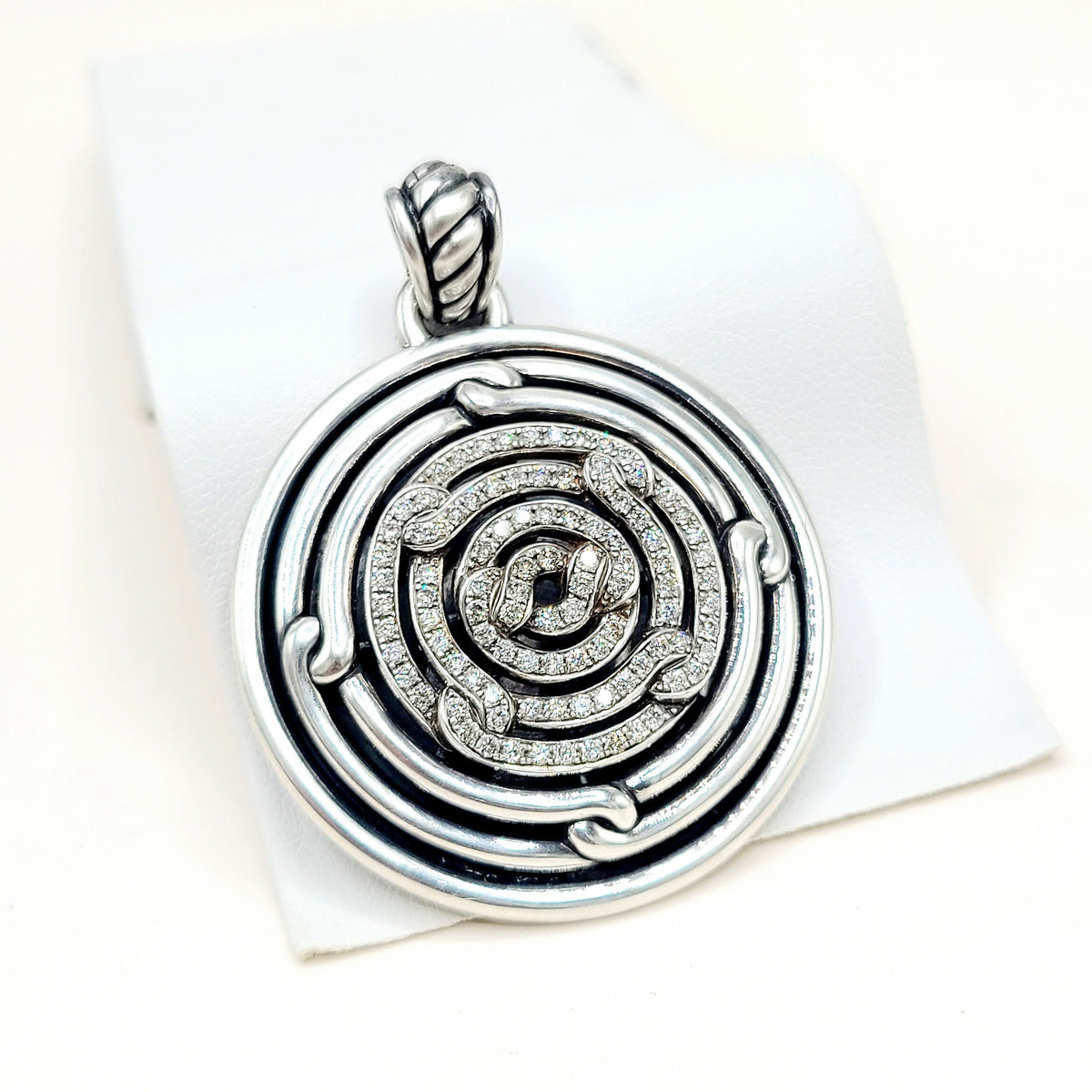 David Yurman Large Labyrinth Diamond Disc Pendant Enhancer Sterling Silver 0.98 TCW 52mm