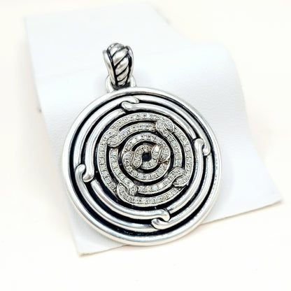 David Yurman Large Labyrinth Diamond Disc Pendant Enhancer Sterling Silver 0.98 TCW 52mm