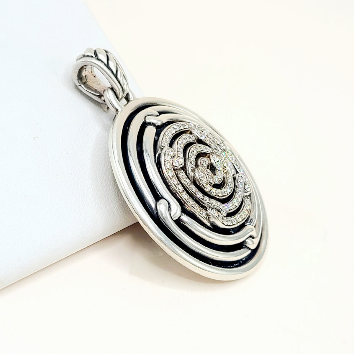 David Yurman Large Labyrinth Diamond Disc Pendant Enhancer Sterling Silver 0.98 TCW 52mm