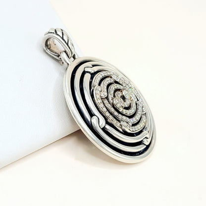 David Yurman Large Labyrinth Diamond Disc Pendant Enhancer Sterling Silver 0.98 TCW 52mm