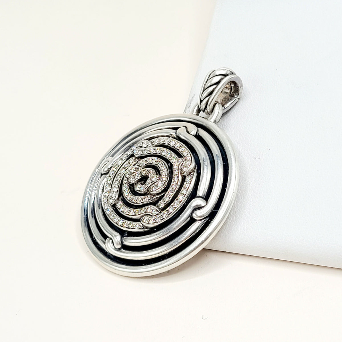 David Yurman Large Labyrinth Diamond Disc Pendant Enhancer Sterling Silver 0.98 TCW 52mm
