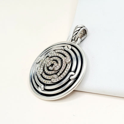David Yurman Large Labyrinth Diamond Disc Pendant Enhancer Sterling Silver 0.98 TCW 52mm
