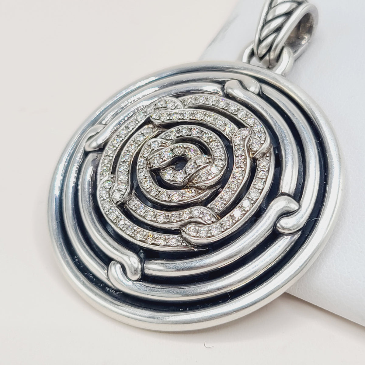David Yurman Large Labyrinth Diamond Disc Pendant Enhancer Sterling Silver 0.98 TCW 52mm