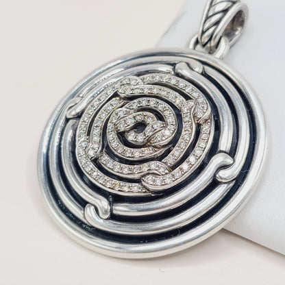 David Yurman Large Labyrinth Diamond Disc Pendant Enhancer Sterling Silver 0.98 TCW 52mm