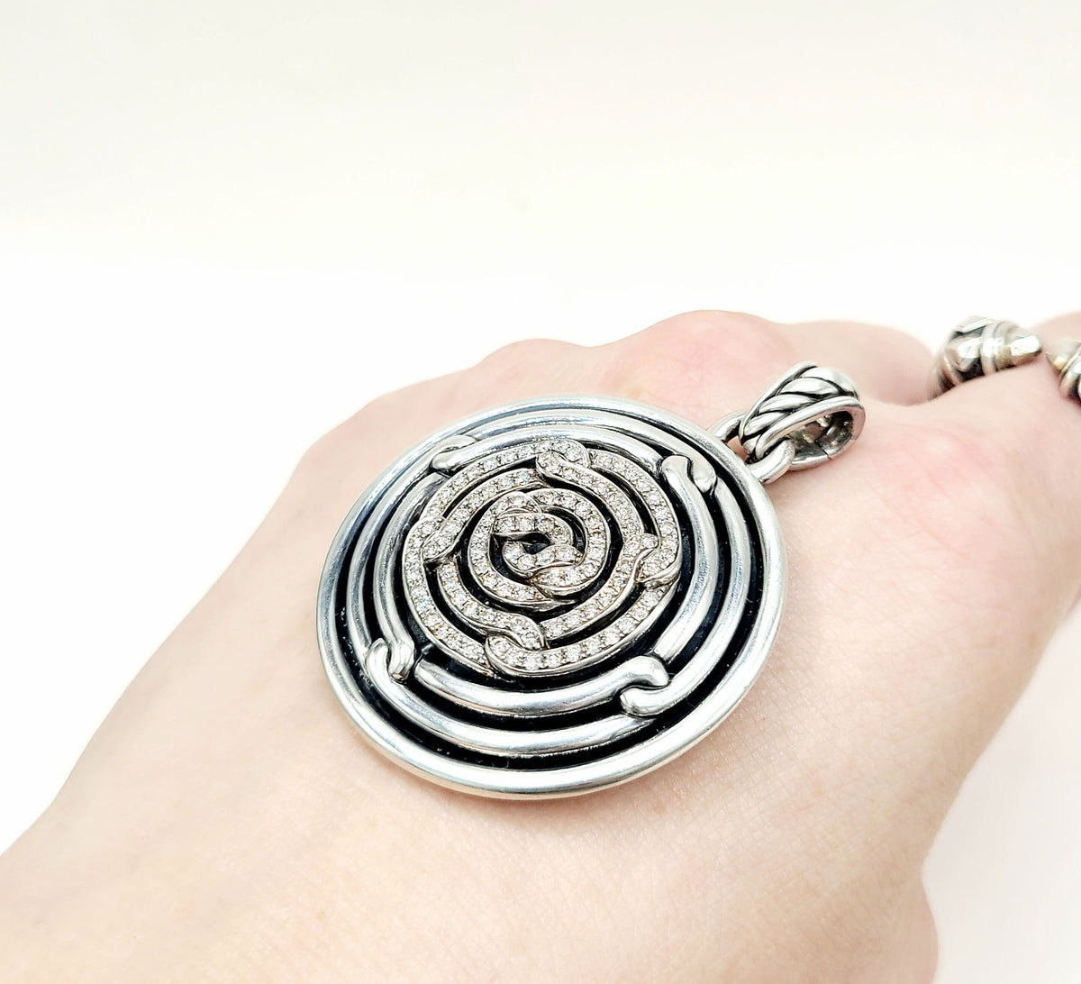 David Yurman Large Labyrinth Diamond Disc Pendant Enhancer Sterling Silver 0.98 TCW 52mm
