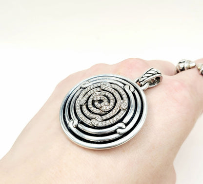 David Yurman Large Labyrinth Diamond Disc Pendant Enhancer Sterling Silver 0.98 TCW 52mm